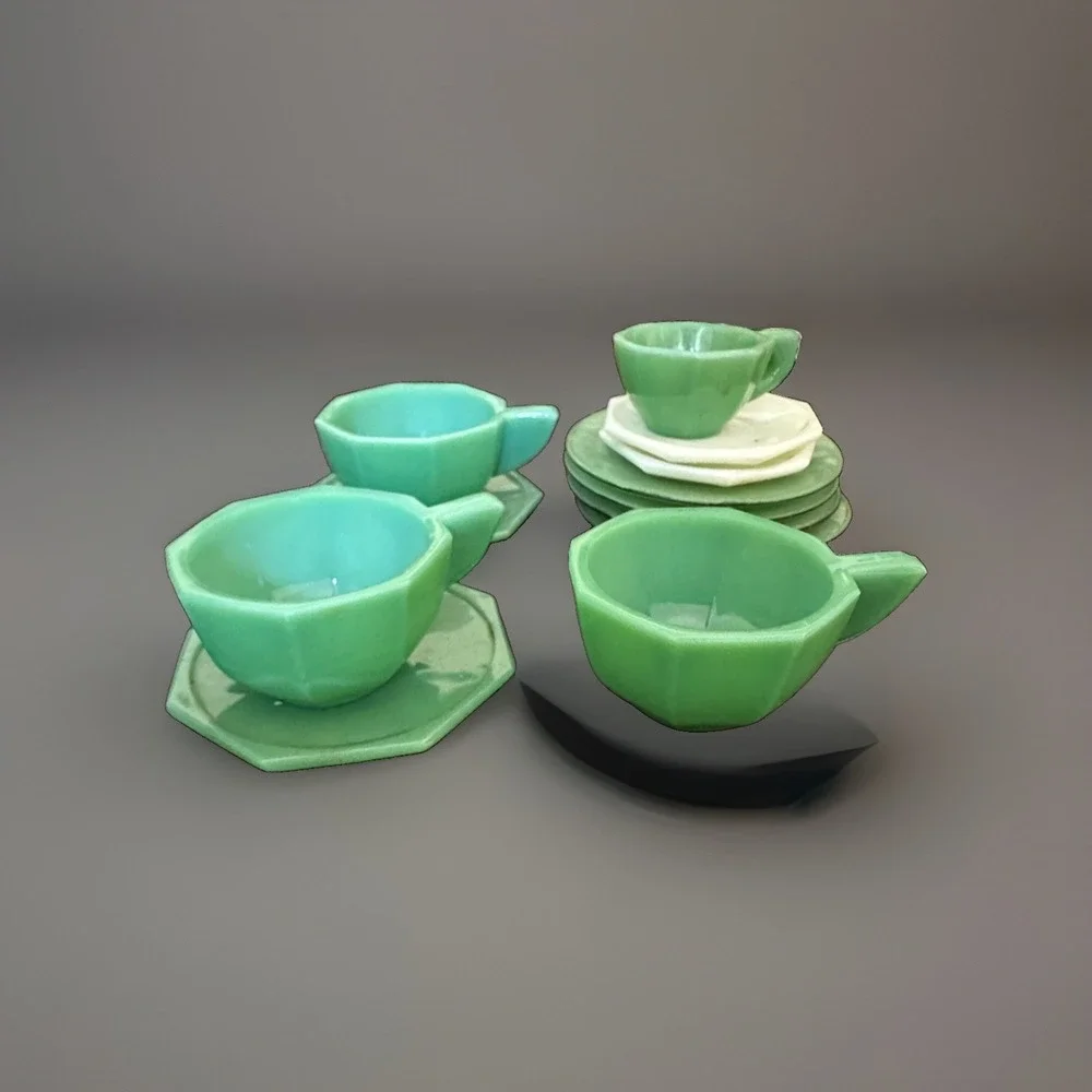 Vintage Jadeite Akro Agate JP Octagonal Child's Tea Set Accessories Cup Plate 12